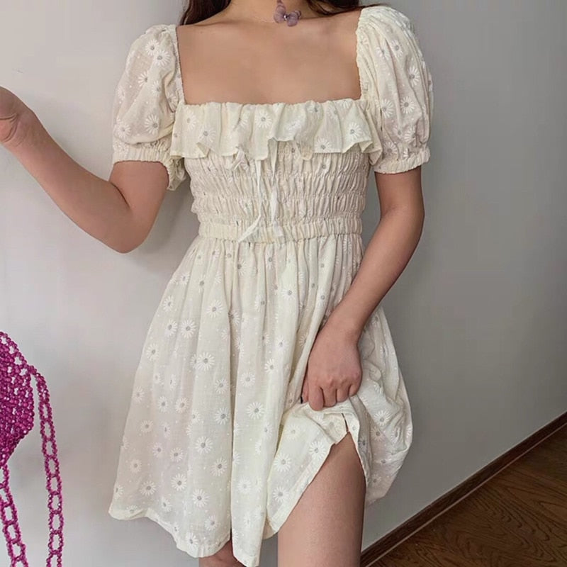 Ruffles Puffed Sleeves Dress Square Neck Bow