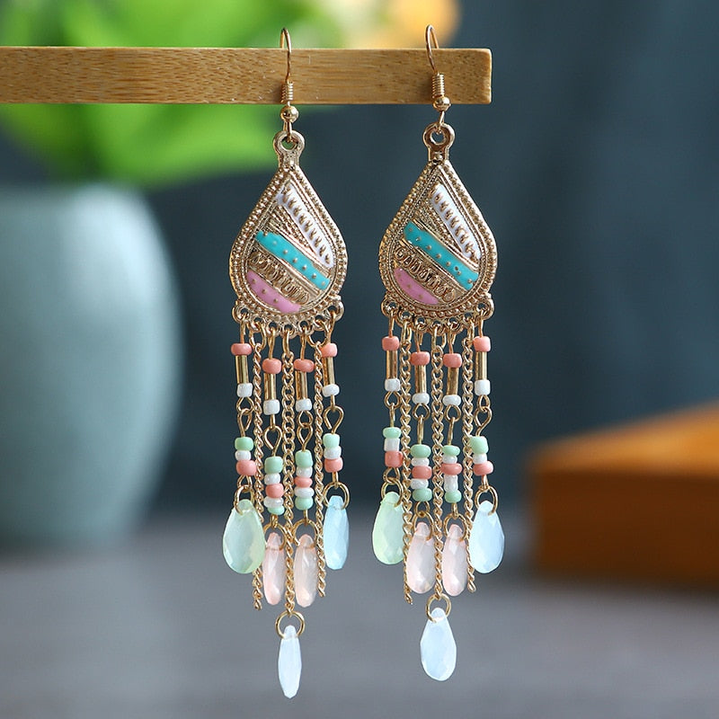 Bohemian Long Crystal Tassel Earrings Colorful