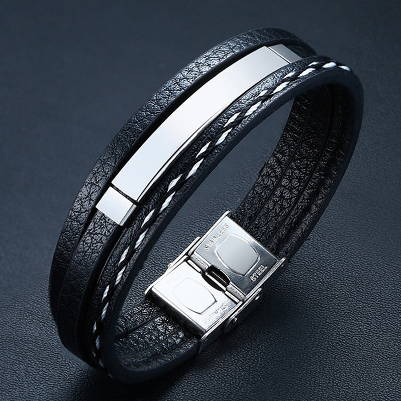 Name Leather Bracelets for Men Glossy Stainless Steel