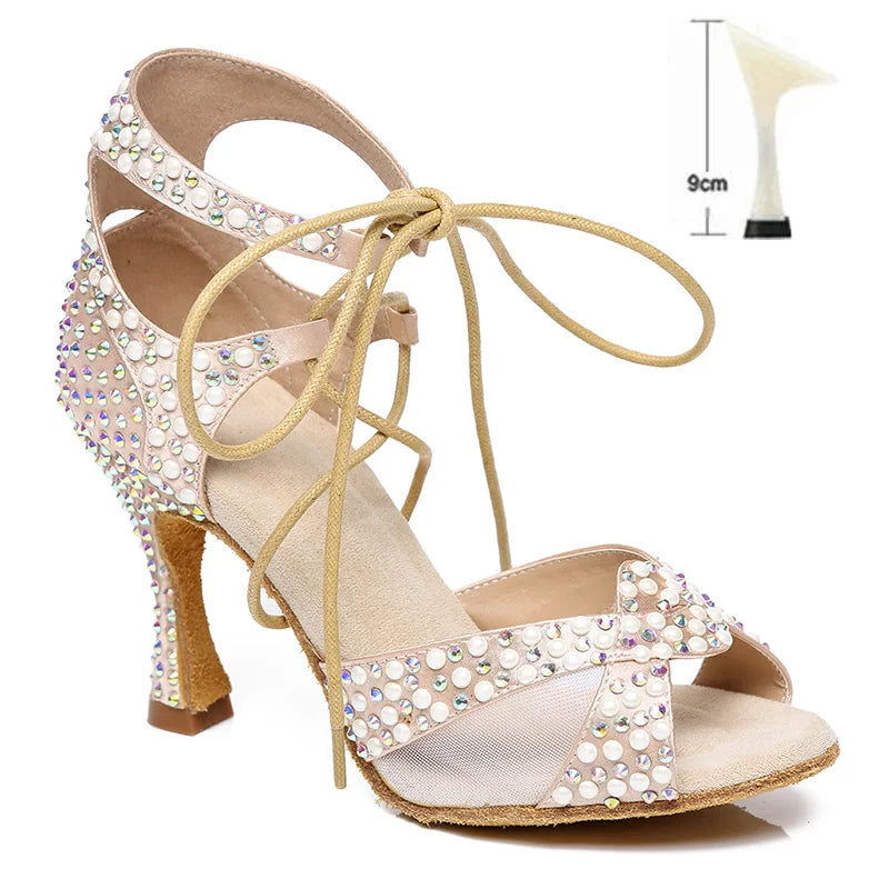 Pearl Rhinestone Latin Dance Shoes Soft Soles High Heels