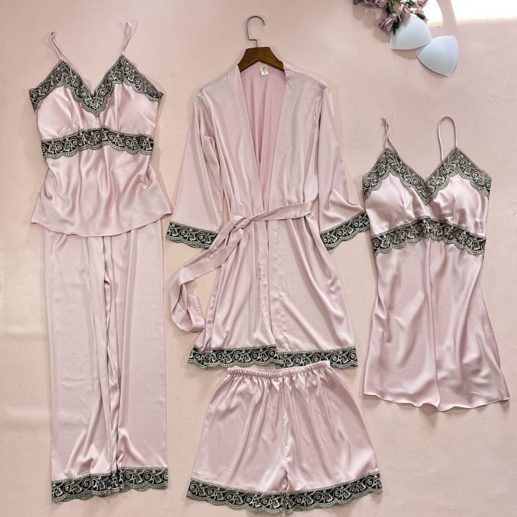 5PCS Lace Satin Robe Gown Sets Nighty Sleepwear Nightgown