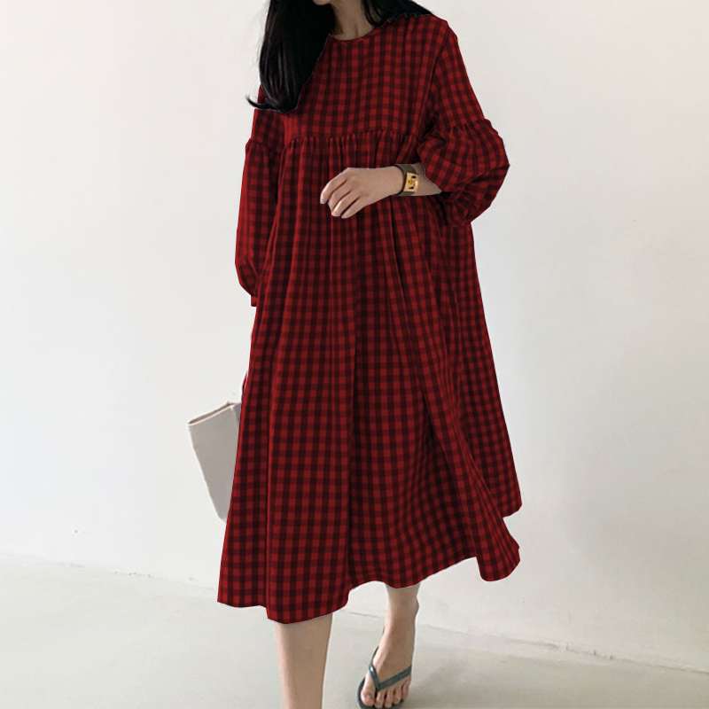 Vintage Autumn Dress Casual Puff Sleeve Midi  O Neck