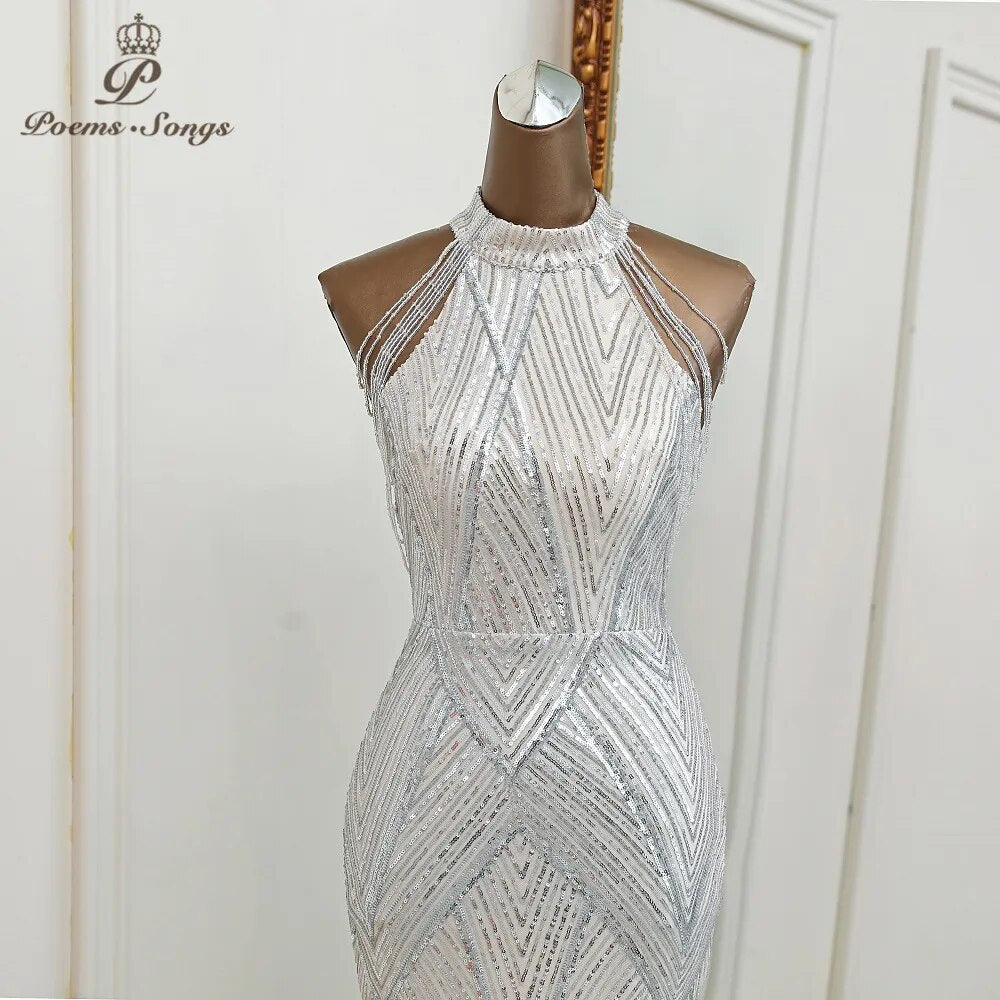 Silver mermaid evening bridesmaid party dress