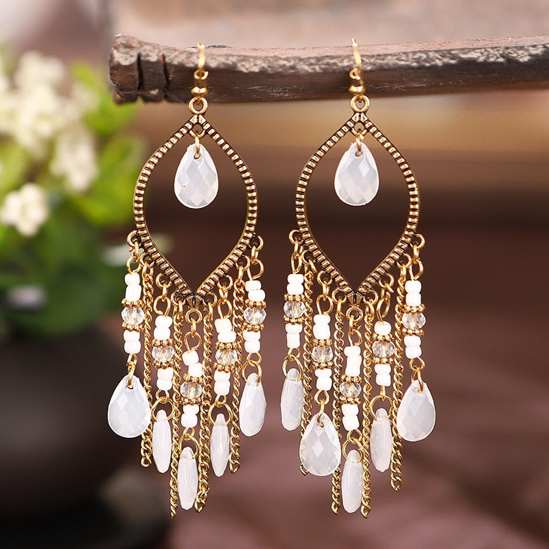 Bohemian Antique Gold Color Long Water Drop Tassel Earrings