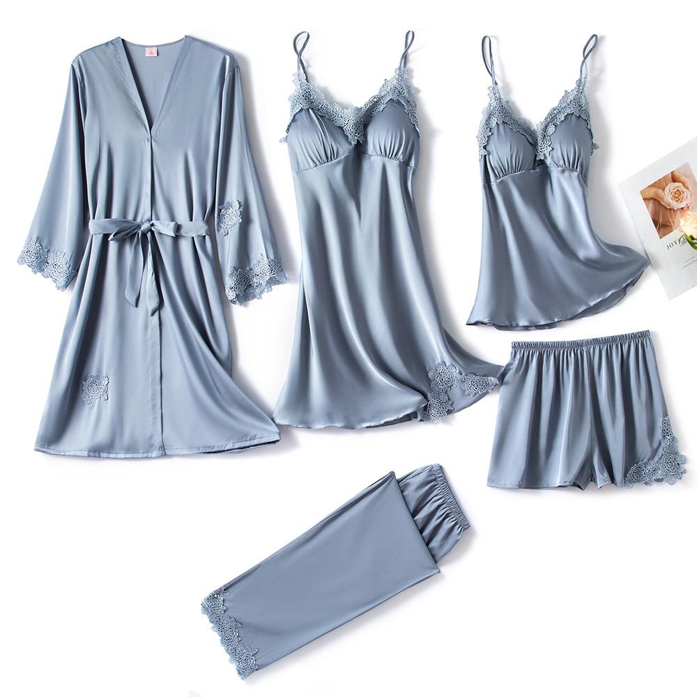 5PCS Lady Pajamas Sets Lace Sleepwear Sleep Suit Satin