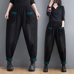 Denim Pants Fall Winter High Waist Fleece Warm Loose Casual Patchwork