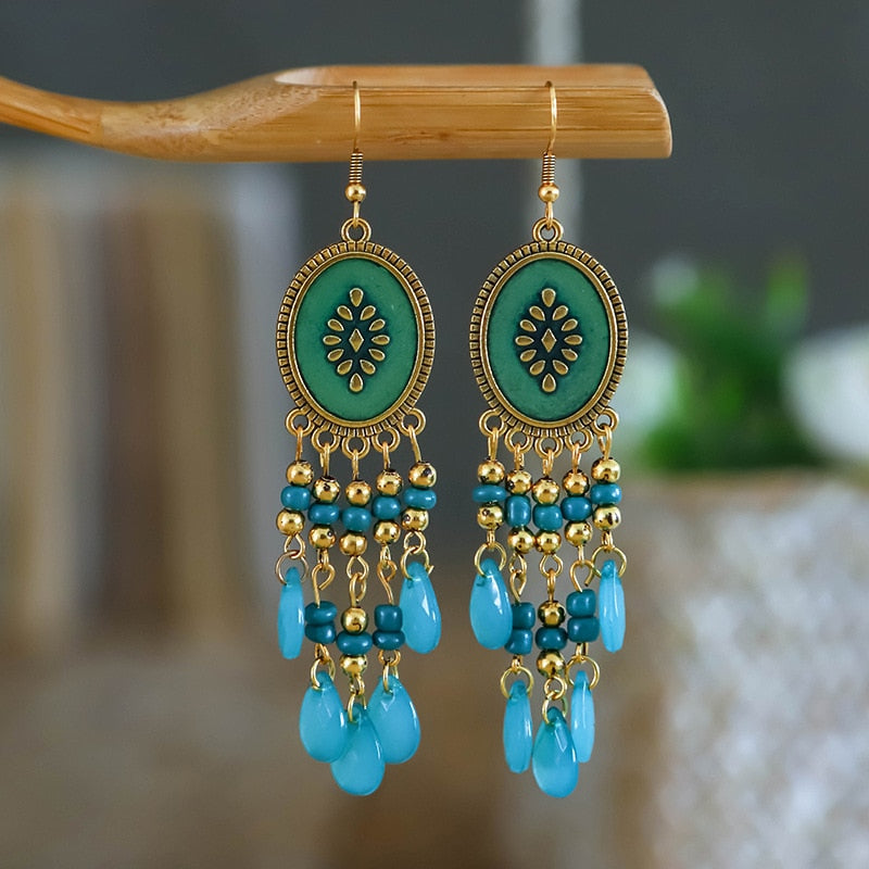 Bohemian Ethnic Long Blue Acrylic Crystal Water Drop Earrings Retro