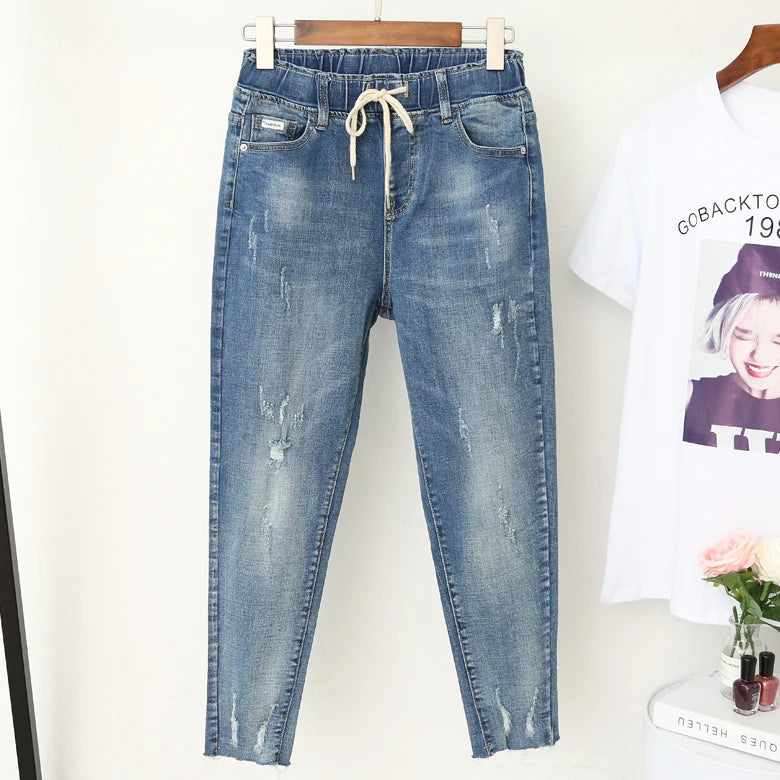 Baggy Elastic Waist Jeans Style Ripped Pants