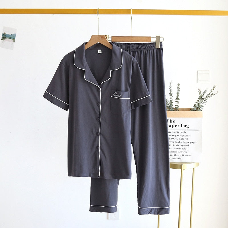 Couple Pajamas Two-piece Short-sleeved Pants Simple Home Service Set Male