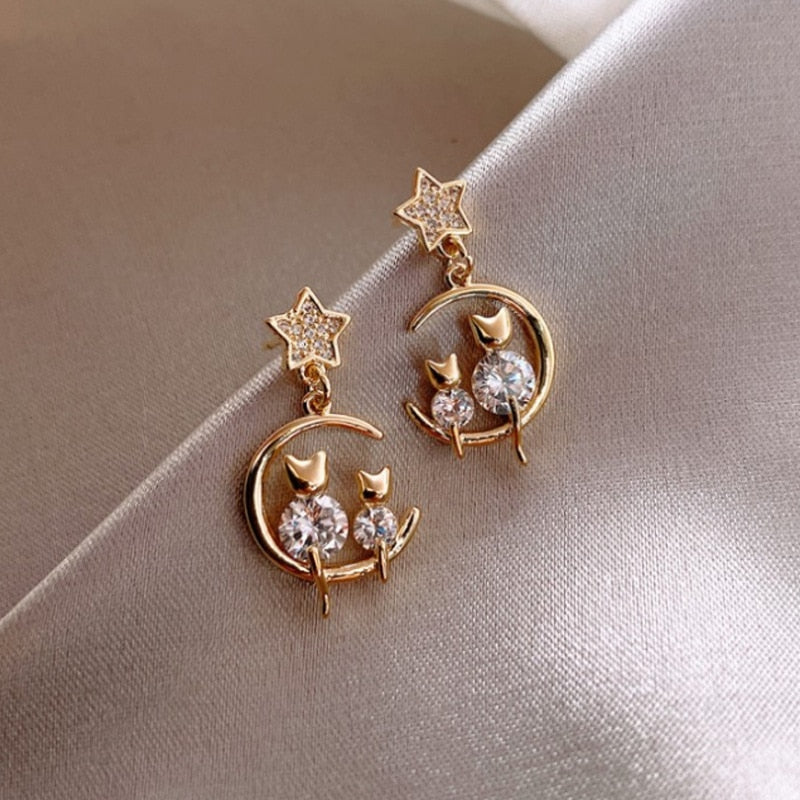 Vintage Rhinestone Crystal Moon Planet Pearl Zircon Earring