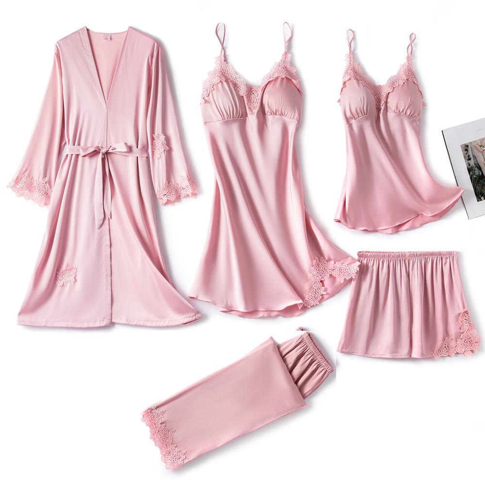 5PCS Lady Pajamas Sets Lace Sleepwear Sleep Suit Satin