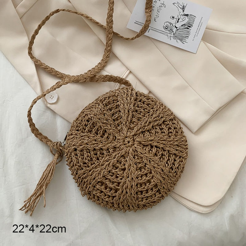 Round Straw Beach Vintage Handmade Woven Shoulder Bag