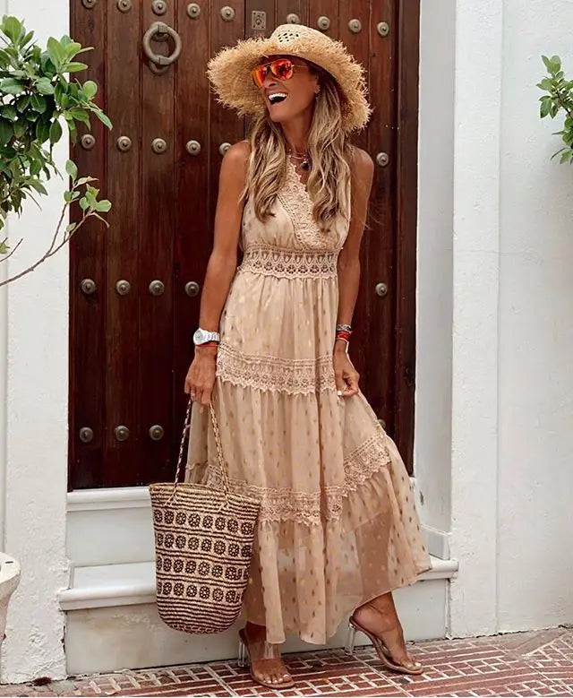 Women Solid Sleeveless Beach Bohemian Maxi Dress V-neck Chiffon