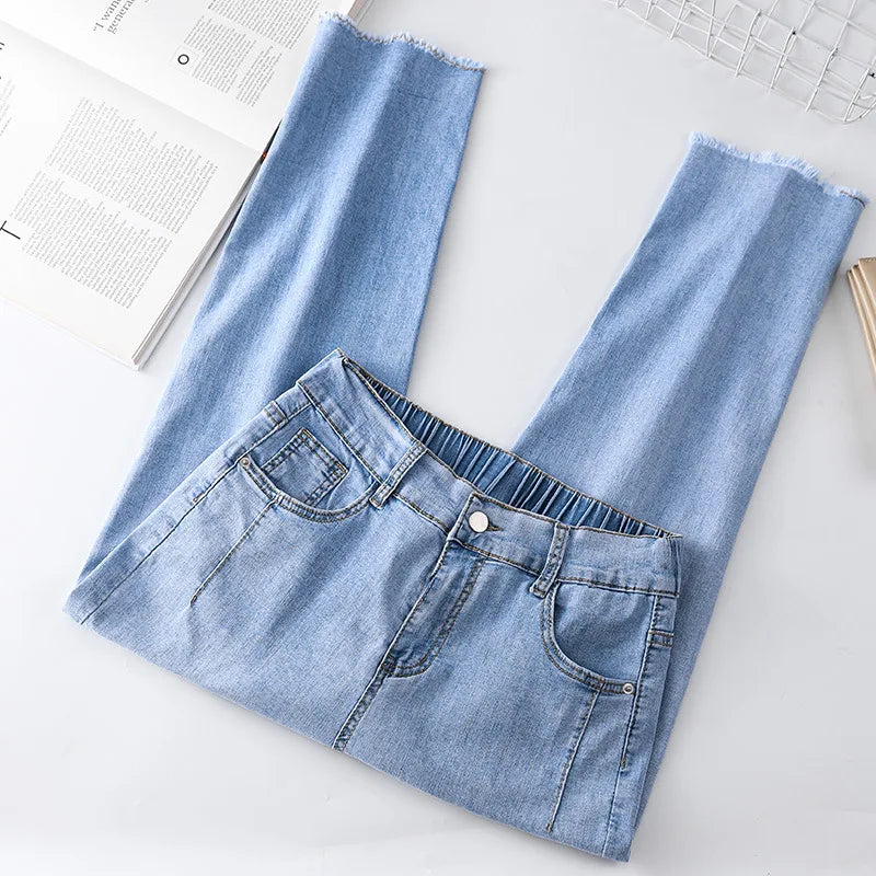 High Waist Mom Pockets Zipper Pants Cotton Harem Jeans