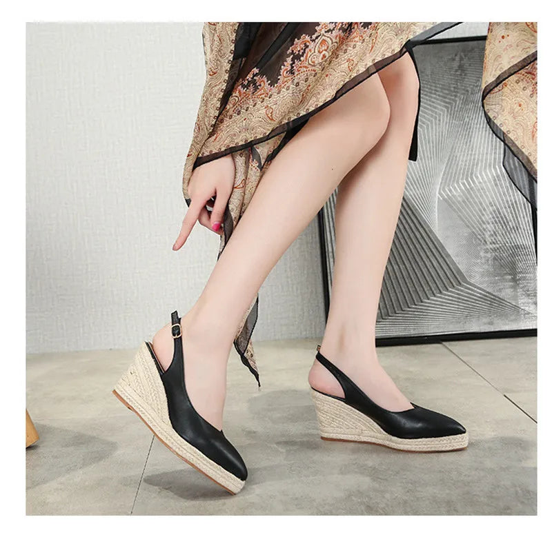 Leather Wedge Shallow Mouth Espadrilles Sandals High Heel