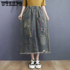 Vintage Floral Embroidery Ripped Patchwork Jeans Skirt