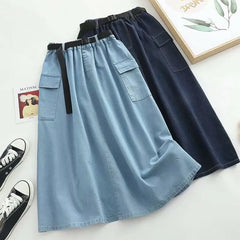 Belted Cargo With Pockets Fashion High Waisted A-Line Denim Skirt