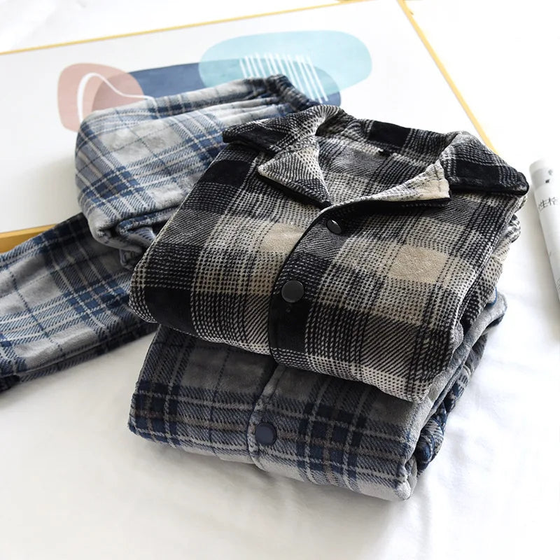 Men's Pajamas Long-sleeved Trousers Two-piece Flannel Thickened Warm