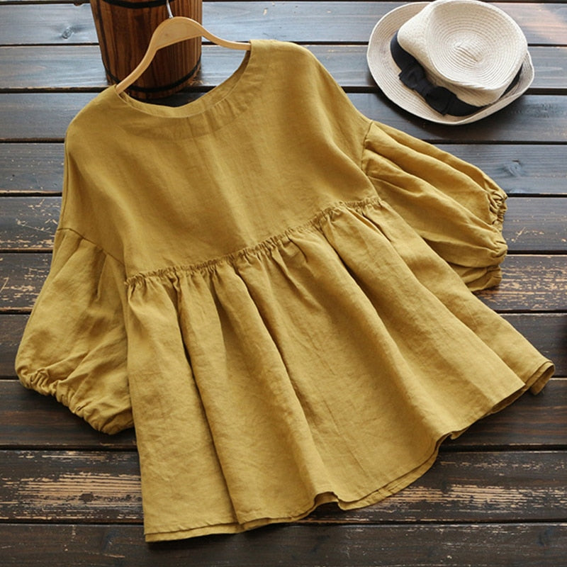 Fashion Ruffle Blouse Women's Tunic Vintage Casual Linen Tops