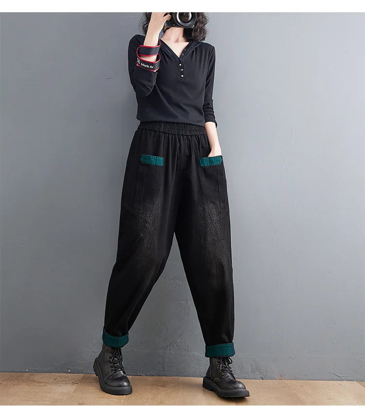 Denim Pants Fall Winter High Waist Fleece Warm Loose Casual Patchwork