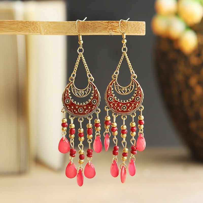 Bohemian Antique Gold Color Long Water Drop Tassel Earrings