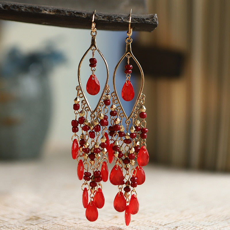 Bohemian Antique Gold Color Long Water Drop Tassel Earrings