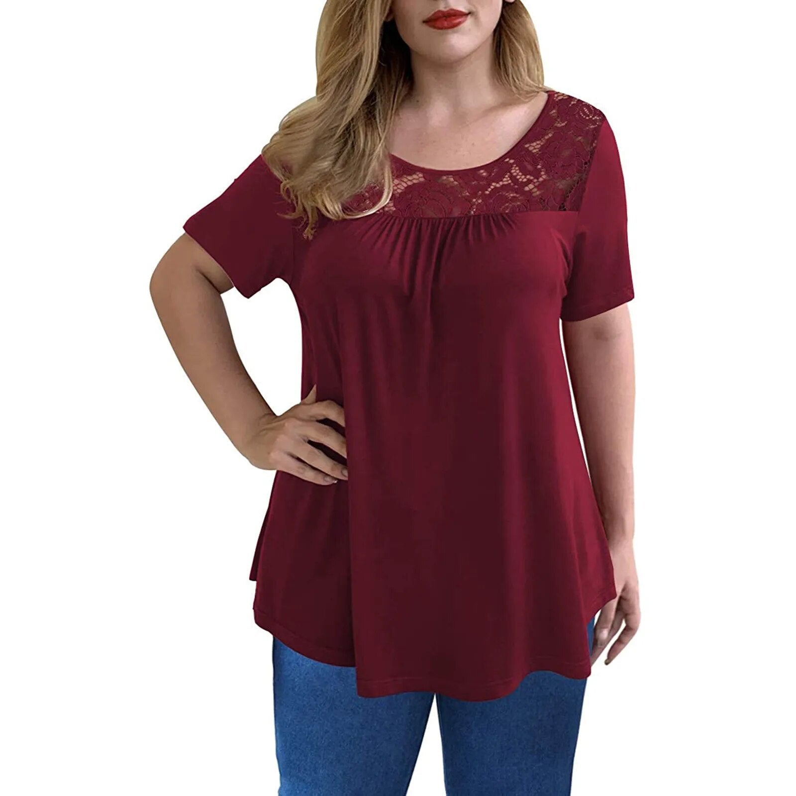 Plus Size Lace Blouses Shirts Stitching Short Sleeve Round Neck