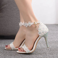 Women Lace Wedding Shoes Thin High Heels White Bridal