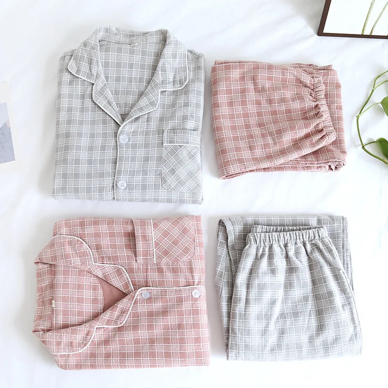 couple pajamas long-sleeved trousers  cotton brushed plaid two-piece