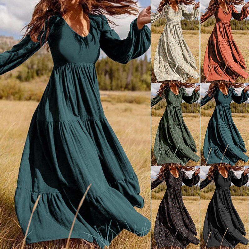 Stylish Ruffle Maxi Dress Casual Puff Sleeve Tunic