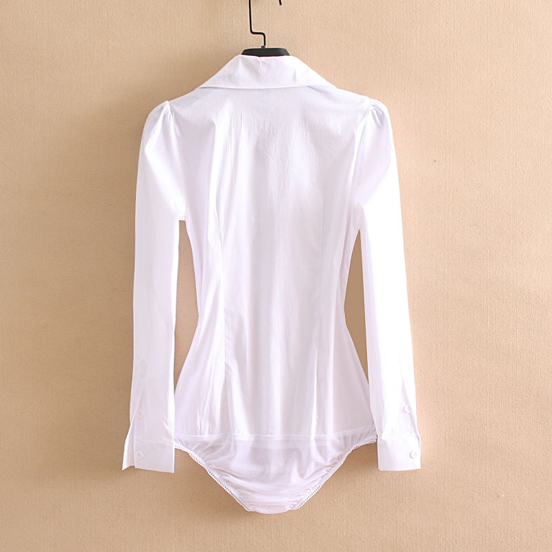 Solid White Color Long Sleeve Bodysuit Office Lady Business