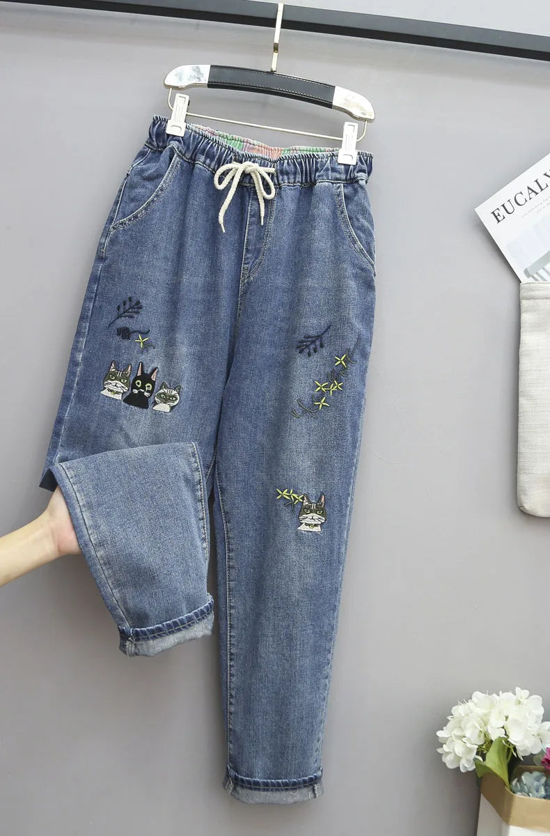 Fashion Style Cartoon Embroidery Baggy Elastic Waist High Waist