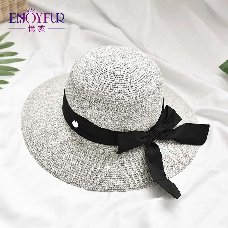 Summer Sun Straw Hats for Women Ribbon Bow Beach Fashion