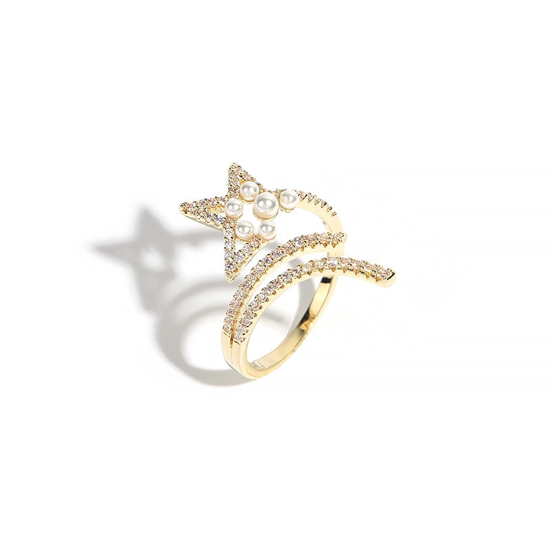 Star Shape Pearl Zircon Gold Color Opening Rings