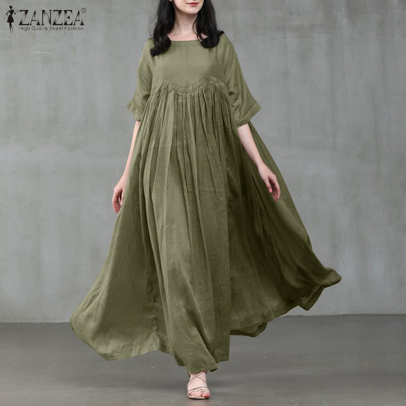 Women's Summer Sundress Kaftan Pleated Maxi Dress Casual