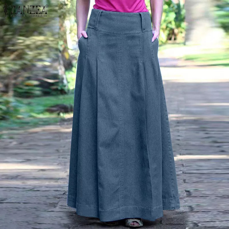 Oversize Summer Denim Blue Long Skirts  Vintage High Waist