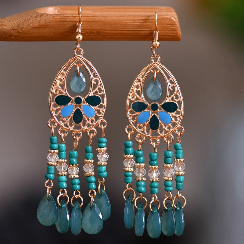 Bohemian Antique Gold Color Long Water Drop Tassel Earrings