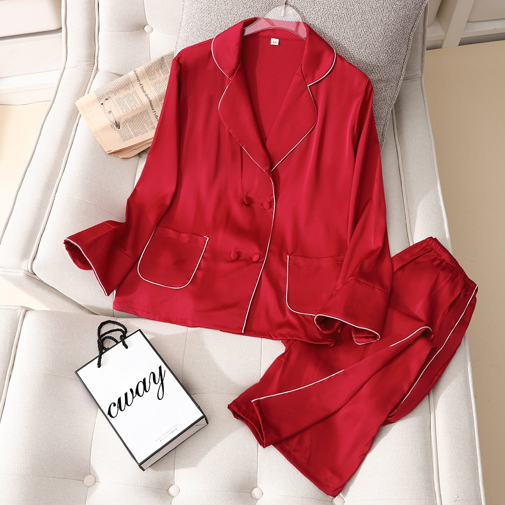 2 Piece Spring Women Sleepwear Ice Silk Satin Pajamas Set