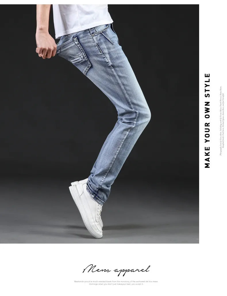 Jeans Men Classical Fashion Elasticity Denim Pants Light Blue Washed