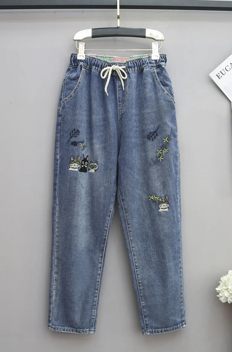 Fashion Style Cartoon Embroidery Baggy Elastic Waist High Waist