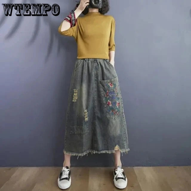 Vintage Floral Embroidery Ripped Patchwork Jeans Skirt