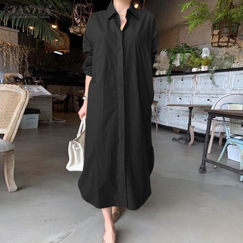 Stylish Solid Shirt Dress Casual Long Sleeve Maxi Lapel Robe Oversized