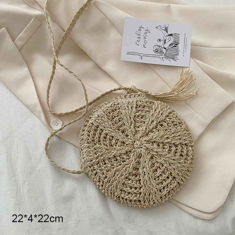 Round Straw Beach Vintage Handmade Woven Shoulder Bag