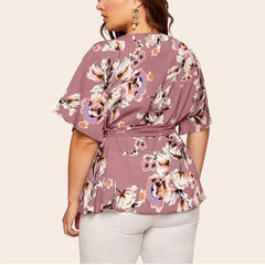 Plus Size V-Neck Short-Sleeved Printing Blouse