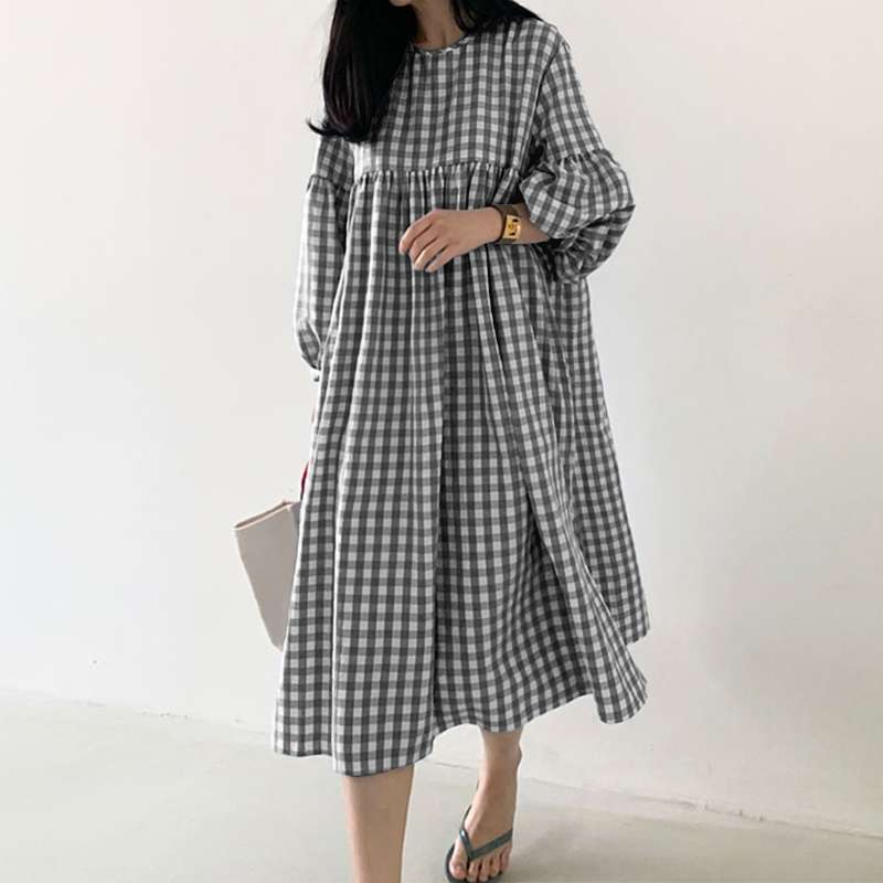 Vintage Autumn Dress Casual Puff Sleeve Midi  O Neck