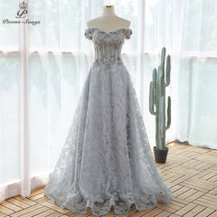 Elegant sequin lace gray flowers Evening dress