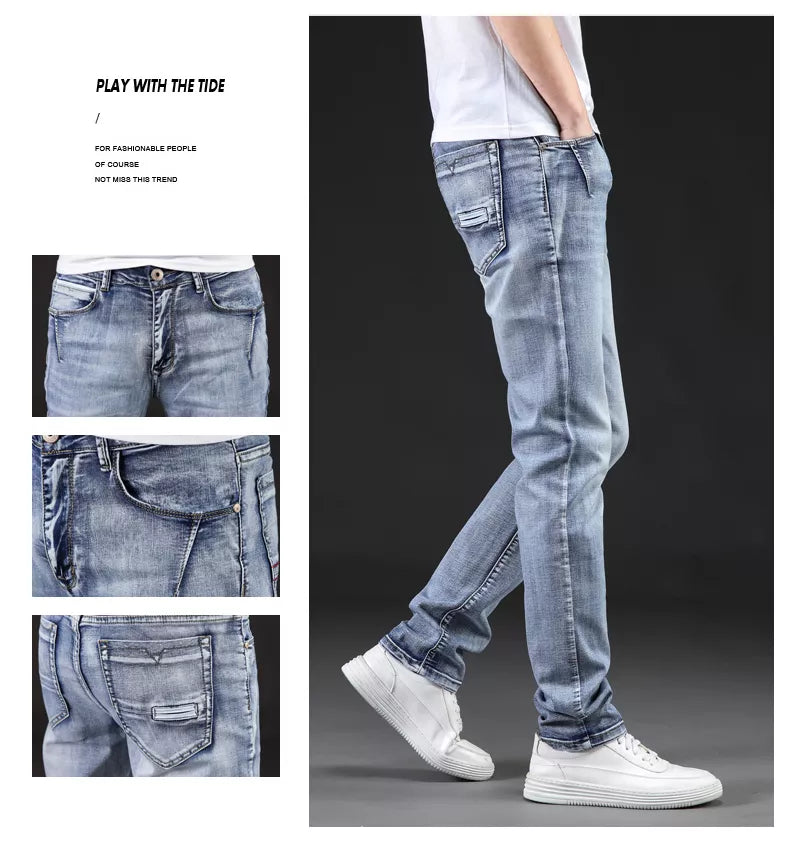 Jeans Men Classical Fashion Elasticity Denim Pants Light Blue Washed