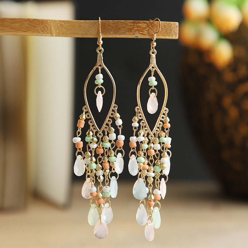 Bohemian Antique Gold Color Long Water Drop Tassel Earrings