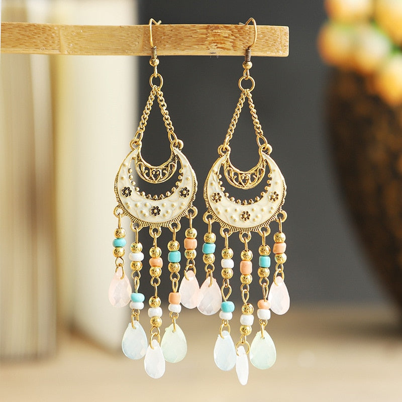 Bohemian Antique Gold Color Long Water Drop Tassel Earrings