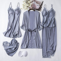 5PCS Lace Robe Gown Satin Nighty Bathrobe Nightgown Sleep Suit